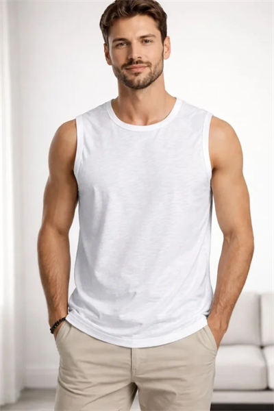 Erkek Flamlı Kumaş Sıfır Kolsuz Atlet Basic Spor Üst, Günlük Ve Fitness Kullanımına Uygun - Beyaz