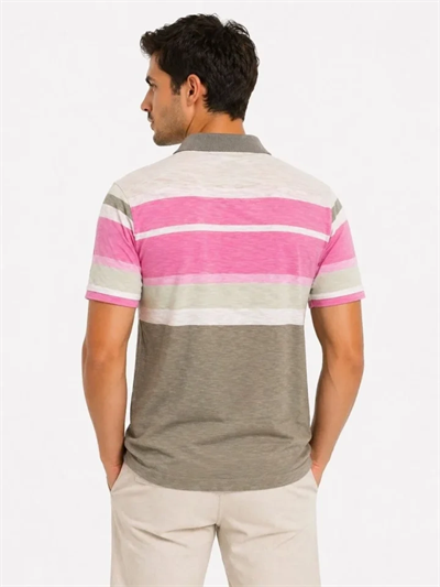 Erkek Flamlı Penye Çizgili Polo Yaka Tişört Kısa Kol Yazlık T-Shirt - Gri