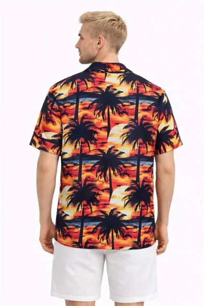 Erkek Gün Batımı Palmiye Desenli Kısa Kol Gömlek Hawaii Tarz Yazlık Rahat Kalıp - Desenli