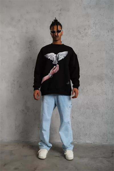 Erkek Güvercin Baskılı Sweatshirt - Siyah