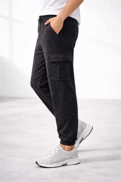 Erkek Jogger Eşofman Altı Regular Fit , Kargo Cepli, Lastikli Paça, Günlük Spor Pantolon - Füme