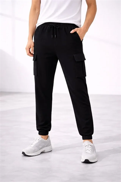 Erkek Jogger Eşofman Altı Regular Fit , Kargo Cepli, Lastikli Paça, Günlük Spor Pantolon - Siyah