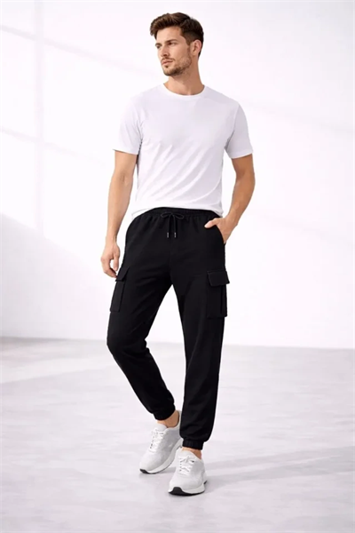 Erkek Jogger Eşofman Altı Regular Fit , Kargo Cepli, Lastikli Paça, Günlük Spor Pantolon - Siyah