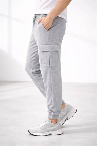 Erkek Jogger Eşofman Altı Regular Fit , Kargo Cepli, Lastikli Paça, Günlük Spor Pantolon - Gri