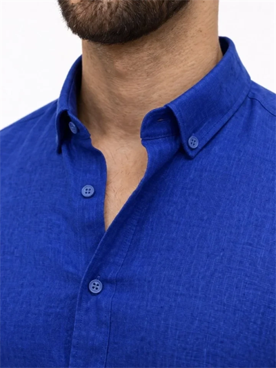 Erkek KETEN Kumaş Oversize Uzun Kollu Rahat Kalıp Gömlek - Saks Mavisi