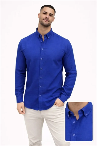 Erkek KETEN Kumaş Oversize Uzun Kollu Rahat Kalıp Gömlek - Saks Mavisi