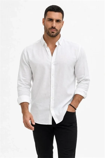 Erkek KETEN Kumaş Oversize Uzun Kollu Rahat Kalıp Gömlek - Beyaz