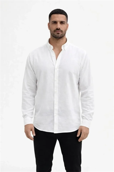 Erkek KETEN Kumaş Oversize Uzun Kollu Rahat Kalıp Gömlek - Beyaz