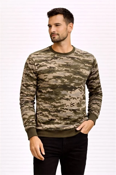 Erkek Kamuflaj Desenli 2 İplik 4 Mevsim Uzun Kollu Bisiklet Yaka Sweatshirt - Kamuflaj