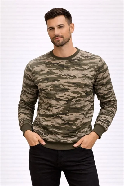 Erkek Kamuflaj Desenli 2 İplik 4 Mevsim Uzun Kollu Bisiklet Yaka Sweatshirt - Kamuflaj