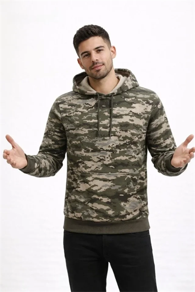 Erkek Kamuflaj Desenli 2 İplik 4 Mevsim Kapüşonlu Kanguru Cepli Hoodie Sweatshirt - Kamuflaj