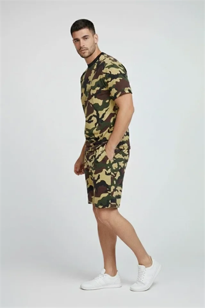 Erkek Kamuflaj Desenli Tişört Şort Takım – Regular Fit Günlük Spor 2’li Yazlık Kombin - Kamuflaj