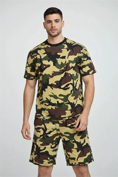 Erkek Kamuflaj Desenli Tişört Şort Takım – Regular Fit Günlük Spor 2’li Yazlık Kombin - Kamuflaj