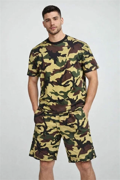 Erkek Kamuflaj Desenli Tişört Şort Takım – Regular Fit Günlük Spor 2’li Yazlık Kombin - Kamuflaj