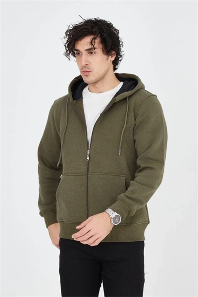 Erkek Kapüşonlu Düz Fermuarlı Hırka - Yeşil