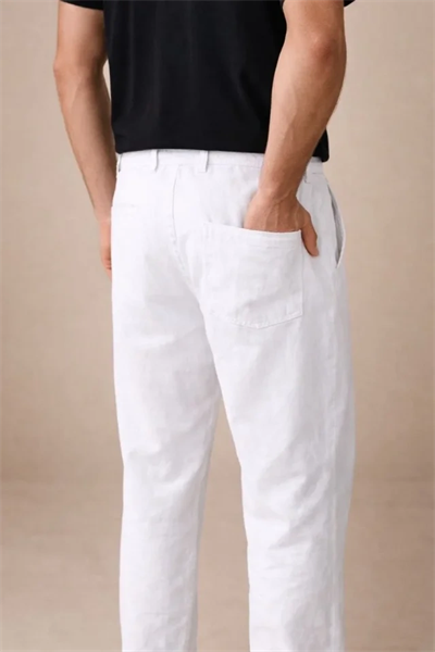 Erkek Keten Cepli Pantolon Lastikli Bel Bağcıklı Önden Fermuarlı - Beyaz