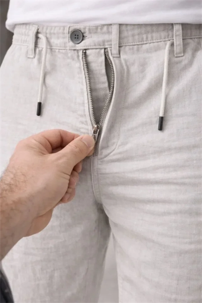 Erkek Keten Cepli Pantolon Lastikli Bel Bağcıklı Önden Fermuarlı - Gri