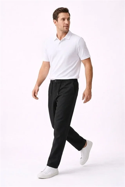 Erkek Keten Cepli Pantolon Lastikli Bel Bağcıklı Önden Fermuarlı - Siyah