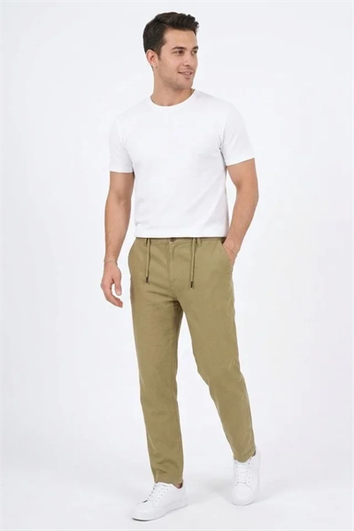 Erkek Keten Cepli Pantolon Lastikli Bel Bağcıklı Önden Fermuarlı - Mint Yeşili