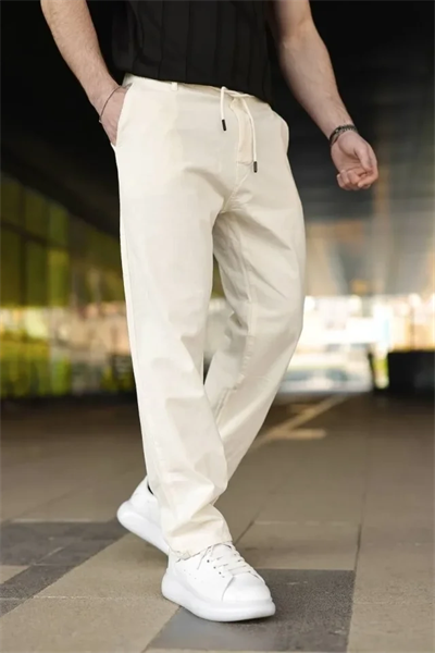 Erkek Keten Cepli Pantolon Lastikli Bel Bağcıklı Önden Fermuarlı - Krem