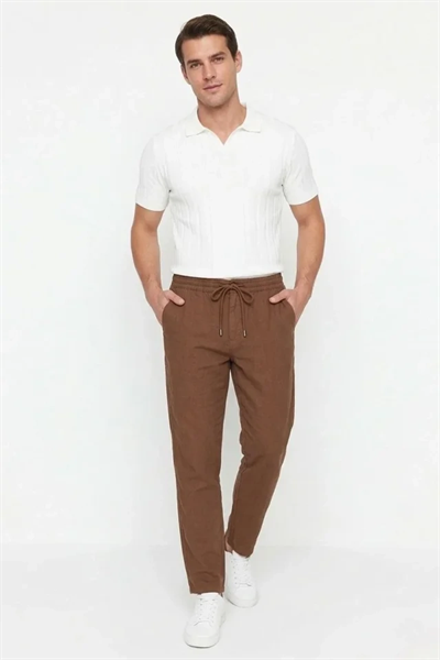 Erkek Keten Cepli Pantolon Lastikli Bel Bağcıklı Önden Fermuarlı - Kahverengi