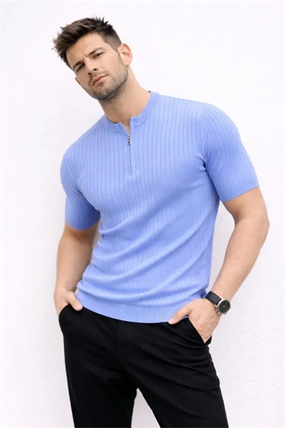 Erkek Kısa Kol Fitilli Triko T-Shirt Yazlık Hakim Yaka Tişört - Bebek Mavisi