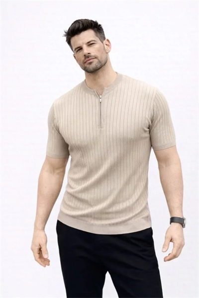 Erkek Kısa Kol Fitilli Triko T-Shirt Yazlık Hakim Yaka Tişört - Bej