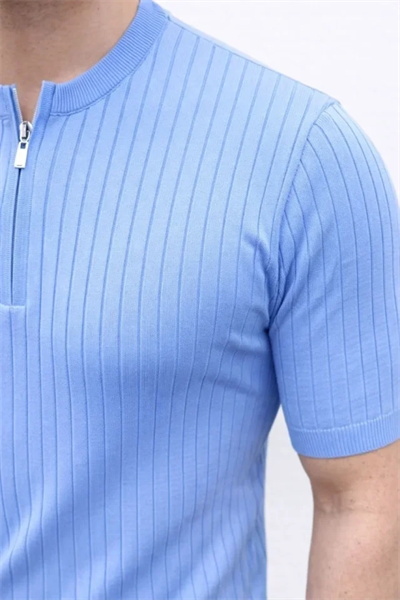 Erkek Kısa Kol Fitilli Triko T-Shirt Yazlık Hakim Yaka Tişört - Bebek Mavisi