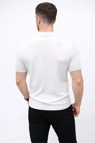 Erkek Kısa Kol Fitilli Triko T-Shirt Yazlık Hakim Yaka Tişört - Beyaz