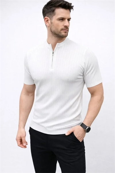 Erkek Kısa Kol Fitilli Triko T-Shirt Yazlık Hakim Yaka Tişört - Beyaz