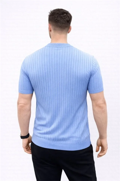 Erkek Kısa Kol Fitilli Triko T-Shirt Yazlık Hakim Yaka Tişört - Bebek Mavisi