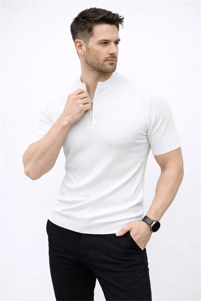 Erkek Kısa Kol Fitilli Triko T-Shirt Yazlık Hakim Yaka Tişört - Beyaz