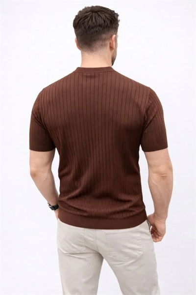 Erkek Kısa Kol Fitilli Triko T-Shirt Yazlık Hakim Yaka Tişört - Kahverengi