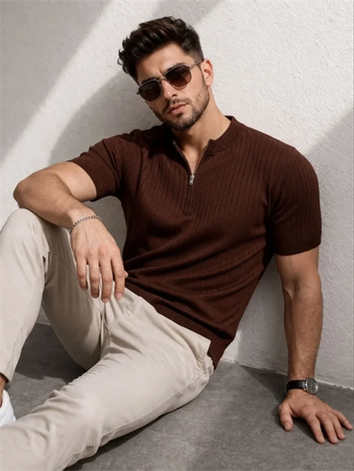 Erkek Kısa Kol Fitilli Triko T-Shirt Yazlık Hakim Yaka Tişört - Kahverengi