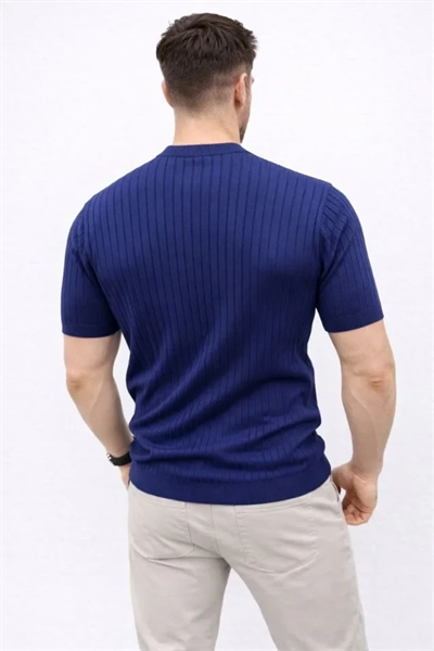 Erkek Kısa Kol Fitilli Triko T-Shirt Yazlık Hakim Yaka Tişört - Lacivert