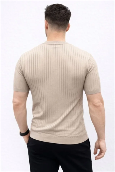 Erkek Kısa Kol Fitilli Triko T-Shirt Yazlık Hakim Yaka Tişört - Bej