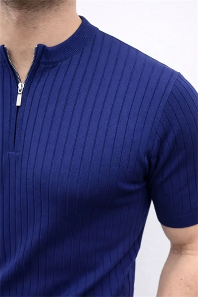 Erkek Kısa Kol Fitilli Triko T-Shirt Yazlık Hakim Yaka Tişört - Lacivert