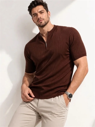 Erkek Kısa Kol Fitilli Triko T-Shirt Yazlık Hakim Yaka Tişört - Kahverengi