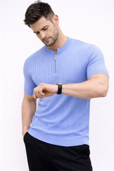 Erkek Kısa Kol Fitilli Triko T-Shirt Yazlık Hakim Yaka Tişört - Bebek Mavisi