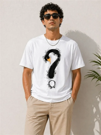 Erkek Kuğu Figürlü Soru İşareti Baskılı Tişört Kısa Kol T-Shirt - Beyaz