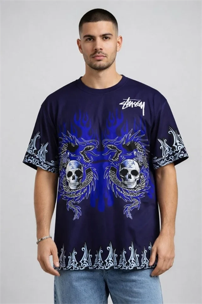 Erkek Lacivert Oversize Tişört Dragon - Kuru Kafa Baskılı Bisiklet Yaka Streetwear T-Shirt - Lacivert