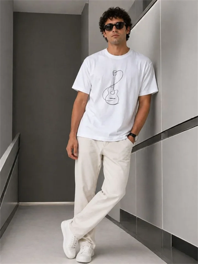 Erkek Minimal Gitar Baskılı Tişört T-Shirt Yazlık Kısa Kol Bisiklet Yaka T-Shirt - Beyaz