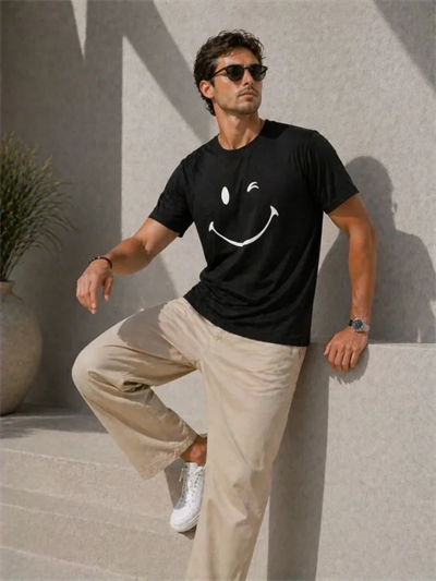 Erkek Minimal Gülümseyen Yüz Baskılı Tişört Kısa Kol Yazlık T-Shirt - Siyah