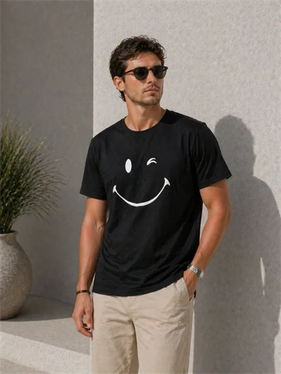 Erkek Minimal Gülümseyen Yüz Baskılı Tişört Kısa Kol Yazlık T-Shirt - Siyah