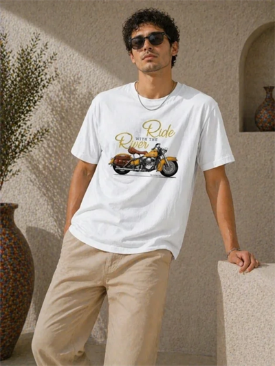 Erkek Motosiklet Baskılı Tişört Bisiklet Yaka Kısa Kol Yazlık T-Shirt - Beyaz