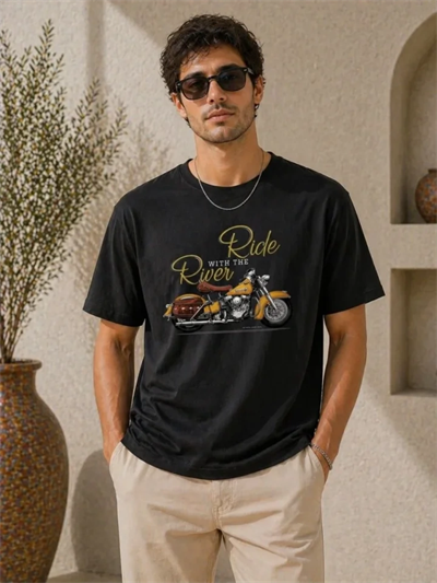 Erkek Motosiklet Baskılı Tişört Bisiklet Yaka Kısa Kol Yazlık T-Shirt - Siyah