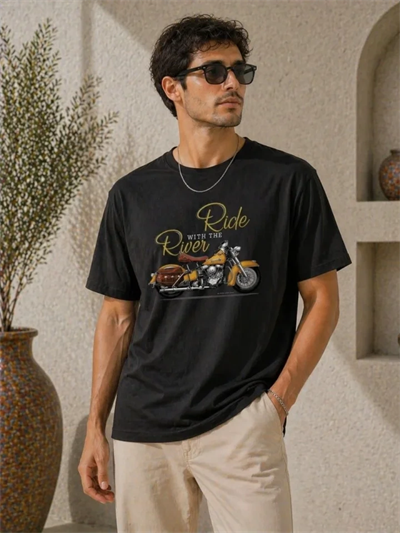 Erkek Motosiklet Baskılı Tişört Bisiklet Yaka Kısa Kol Yazlık T-Shirt - Siyah