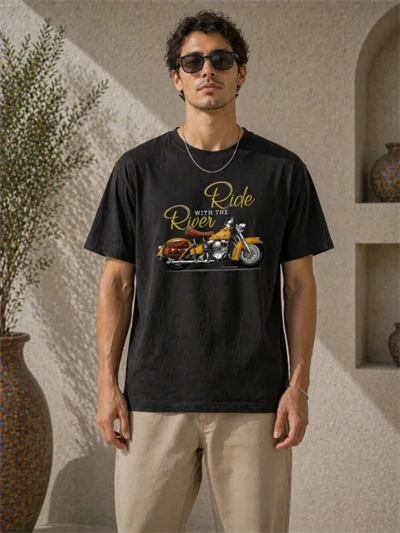 Erkek Motosiklet Baskılı Tişört Bisiklet Yaka Kısa Kol Yazlık T-Shirt - Siyah