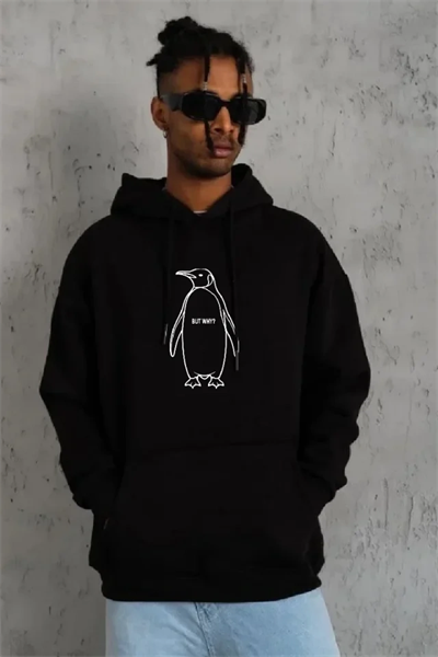 Erkek Nihilist Penguen Özel Tasarım Oversize Kapüşonlu Sweatshirt - Siyah