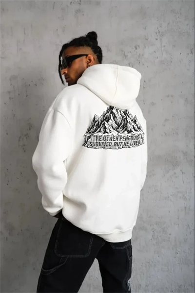 Erkek Nihilist Penguen Temalı Oversize Kapüşonlu Sweatshirt - Beyaz